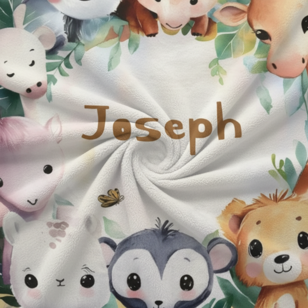 Safari animals blanket fabric with name Joseph and animal faces on white background