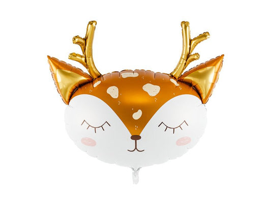 Deer face balloon with orange and white foil, gold antlers, and smiling eyes