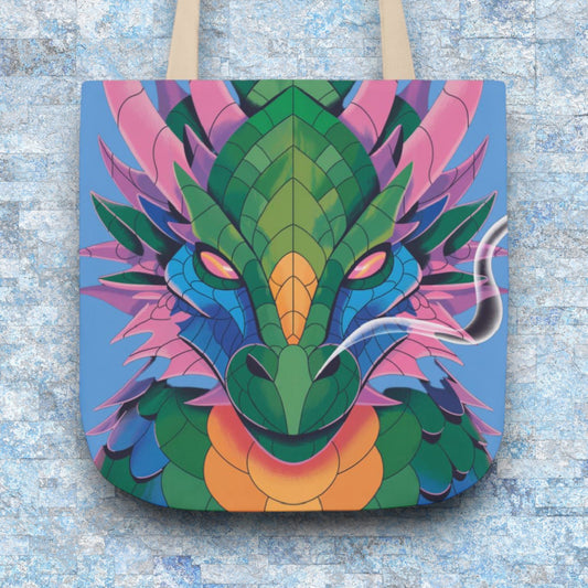 Dragon face canvas tote bag with colorful teal, purple, and green artwork