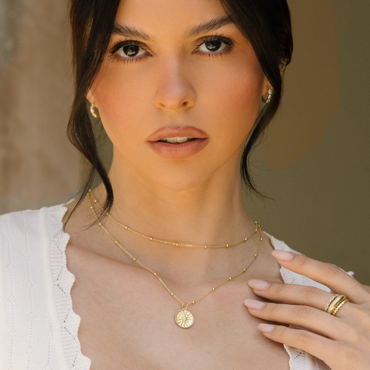 Gold filled compass pendant necklace with round compass medallion on delicate chain