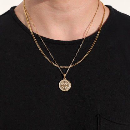 Gold compass pendant necklace set with two round pendants and layered chain straps