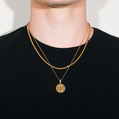 Gold rope necklace set with compass coin pendant, layered chains