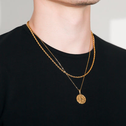 Gold compass pendant necklace set with layered rope chains