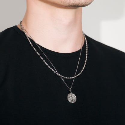 Silver compass pendant necklace set with layered rope chains