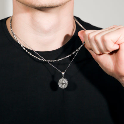Silver rope necklace set with compass pendant, hand adjusting chain