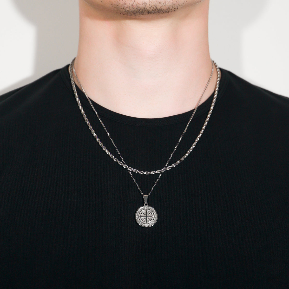 Silver rope necklace set with compass coin pendant, layered chains