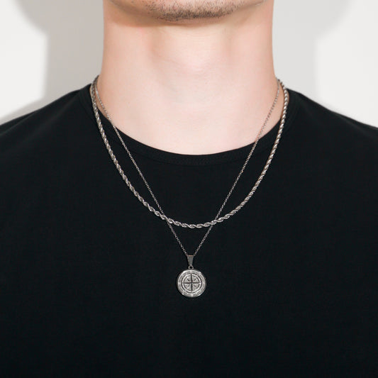 Silver rope necklace set with compass coin pendant, layered chains