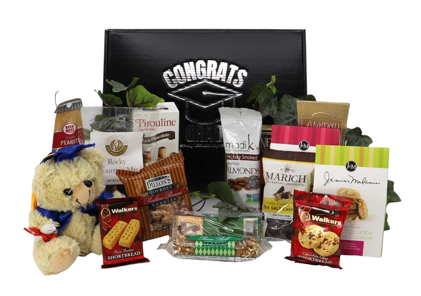 Black graduation gift box with cap “Congrats” logo and assorted snack packages inside