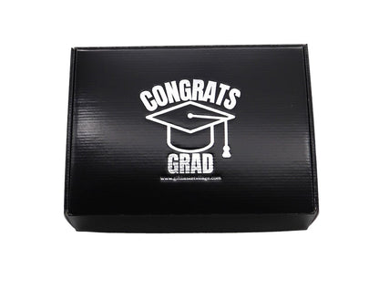 Black graduation gift box lid with “Congrats Grad” cap logo