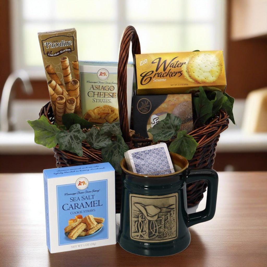 Gift basket with cheese straws, sesame crackers, chocolate snacks, and sea salt caramel cookies