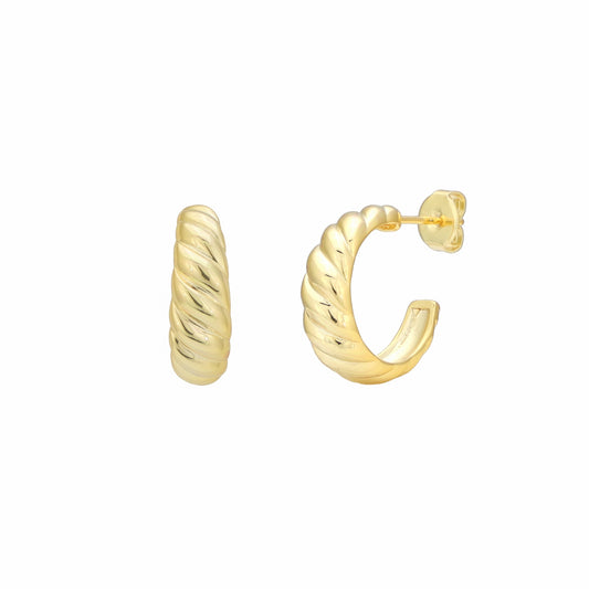 Gold-plated croissant twist hoop earrings with ridged swirl design