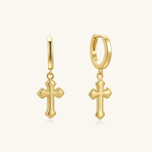 Gold cross hoop earrings with small dangling cross charms