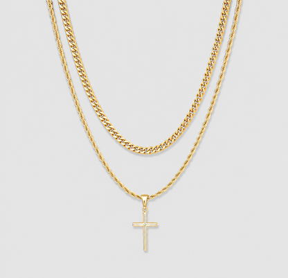 Gold small cross necklace set with two layered chain lengths and cross pendant