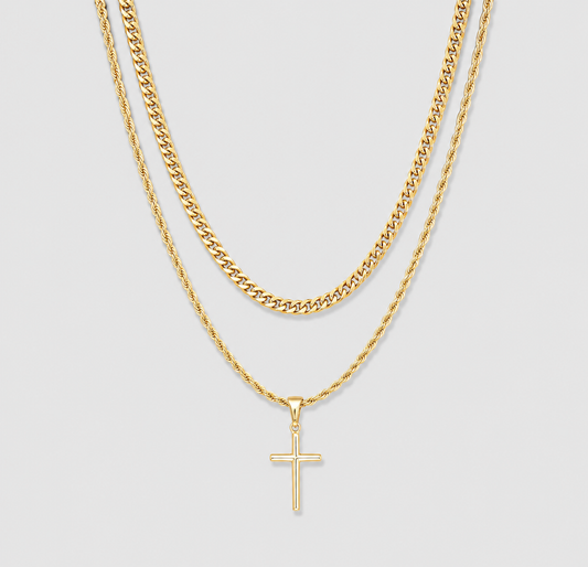 Gold small cross necklace set with two layered chain lengths and cross pendant