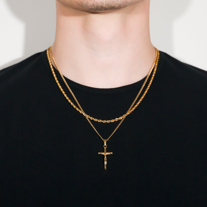Gold crucifix pendant necklace set with two layered rope chains and cross pendant