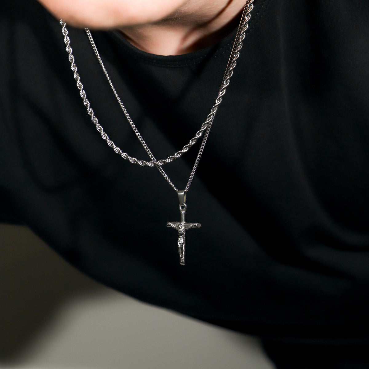 Silver crucifix pendant necklace set with two layered rope chains and cross pendants
