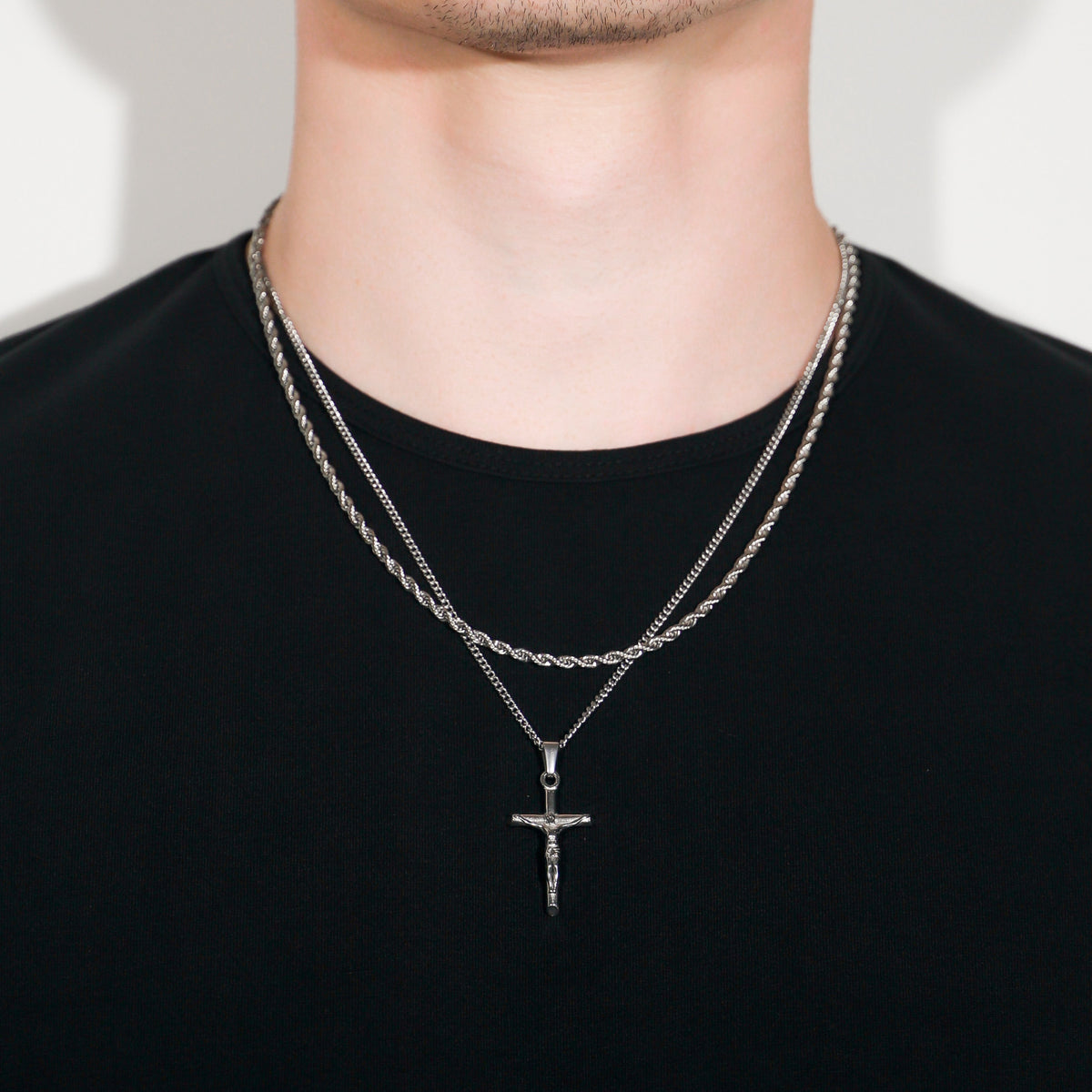 Silver crucifix pendant necklace set with two rope chains and cross pendants
