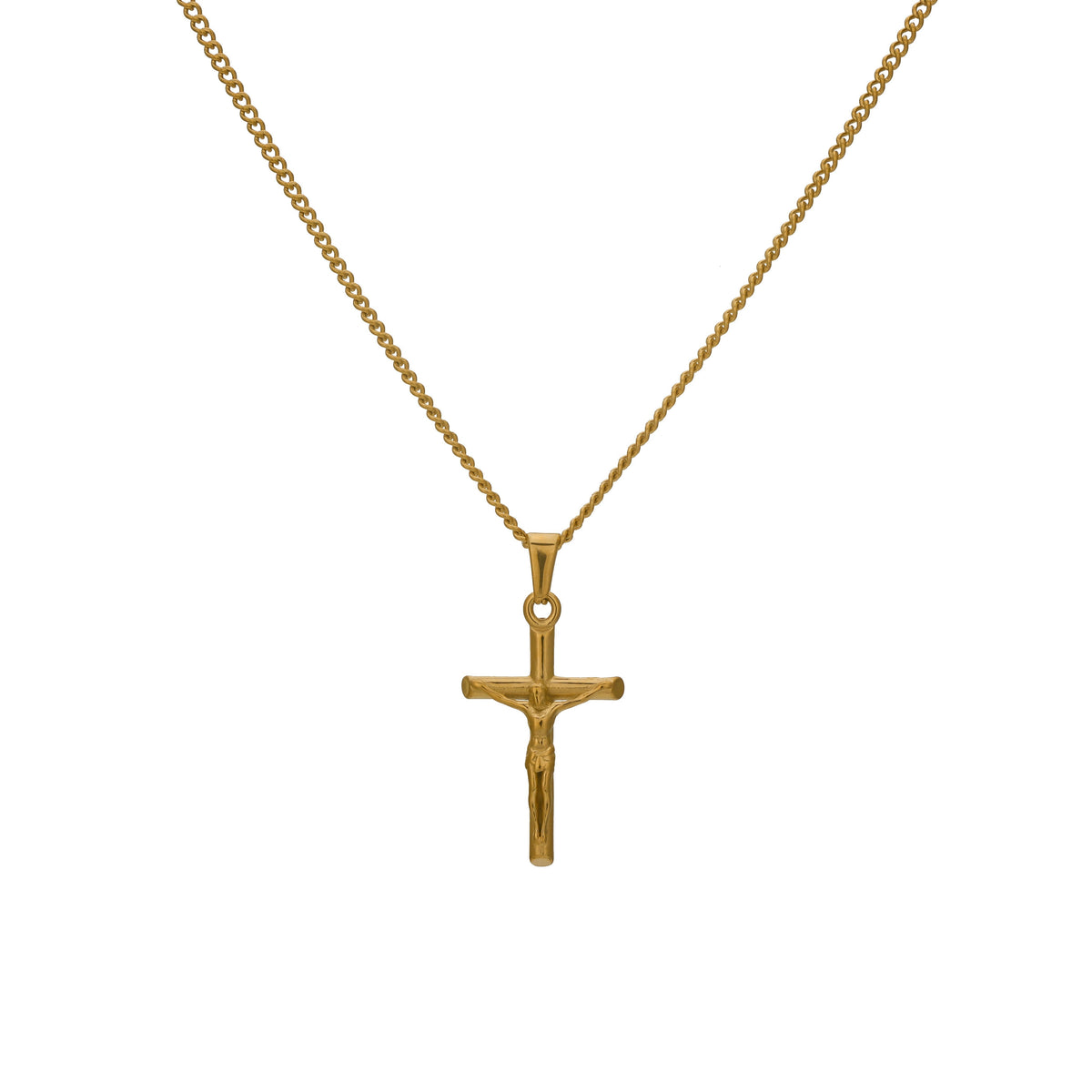 Gold crucifix pendant necklace with figaro chain, isolated