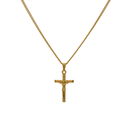Gold crucifix pendant necklace with figaro chain, isolated