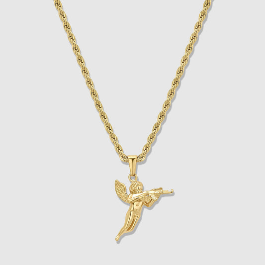 Gold rope chain necklace with cupid holding a gun pendant, small winged charm