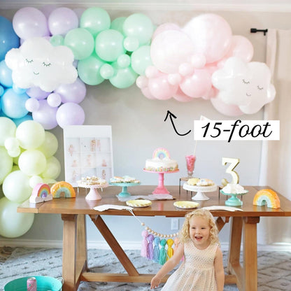 15-ft DIY balloon garland kit with pastel balloons in mint, pink, lavender, and white