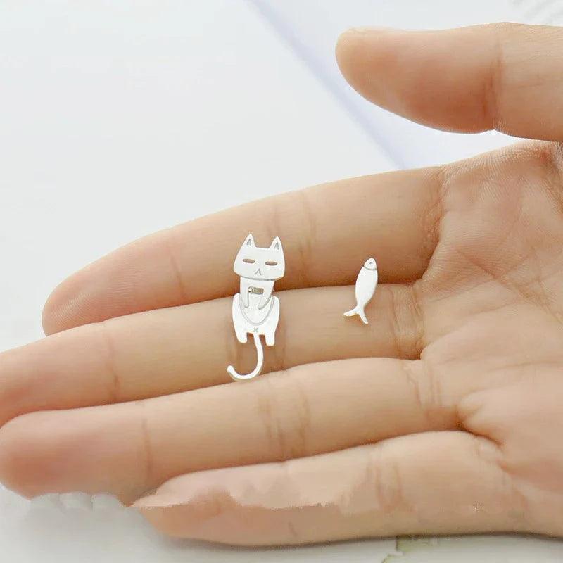 925 sterling silver cat & fish earrings pair, cat drop and fish charm