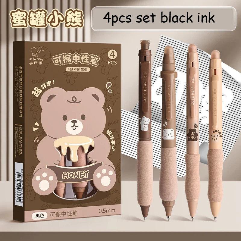 Set of four cute bear soft grip gel pens, beige barrels, black ink, 0.5 mm tips