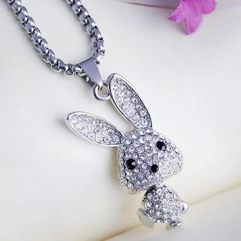 Rhinestone bunny pendant necklace with oval rhinestone ear plates and black eyes