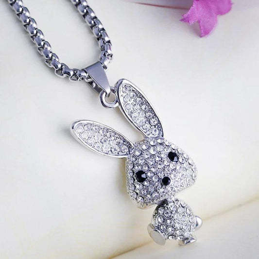 Rhinestone bunny pendant necklace with oval rhinestone ear plates and black eyes