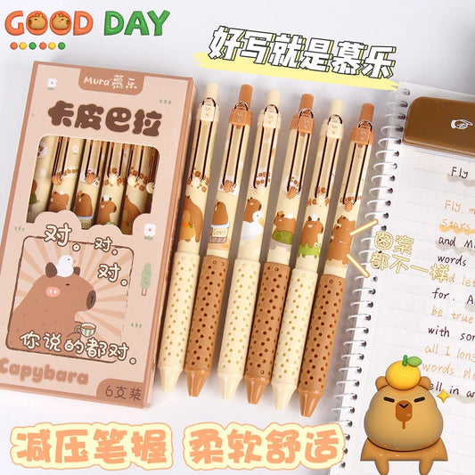 Capybara-themed gel pens, 0.5mm black ink, beige and brown barrels (6-pack)