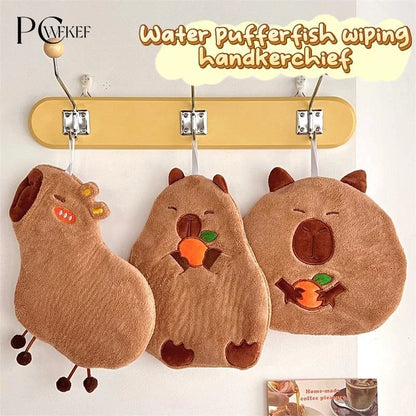 Capybara cotton hand towel with hanging loop, plush face and embroidered orange design