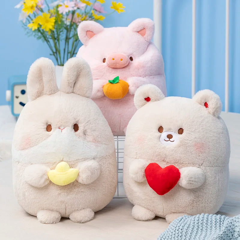 White bunny plush with yellow chick charm, sitting on a table.