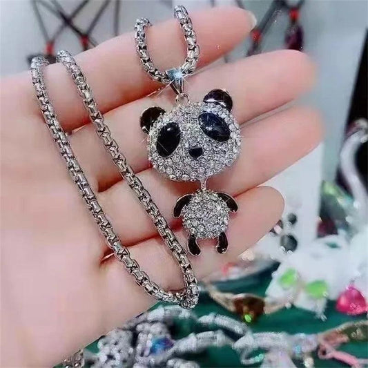 Rhinestone panda pendant necklace with glittering double-face charms on silver chain
