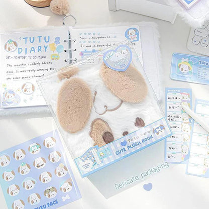 Plush puppy and cat loose-leaf notebooks with white and tan fuzzy covers
