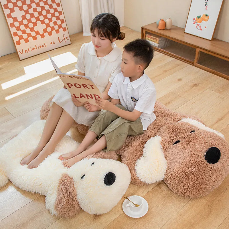 Brown and white plush puppy dog-shaped area rug, curled-ear face design