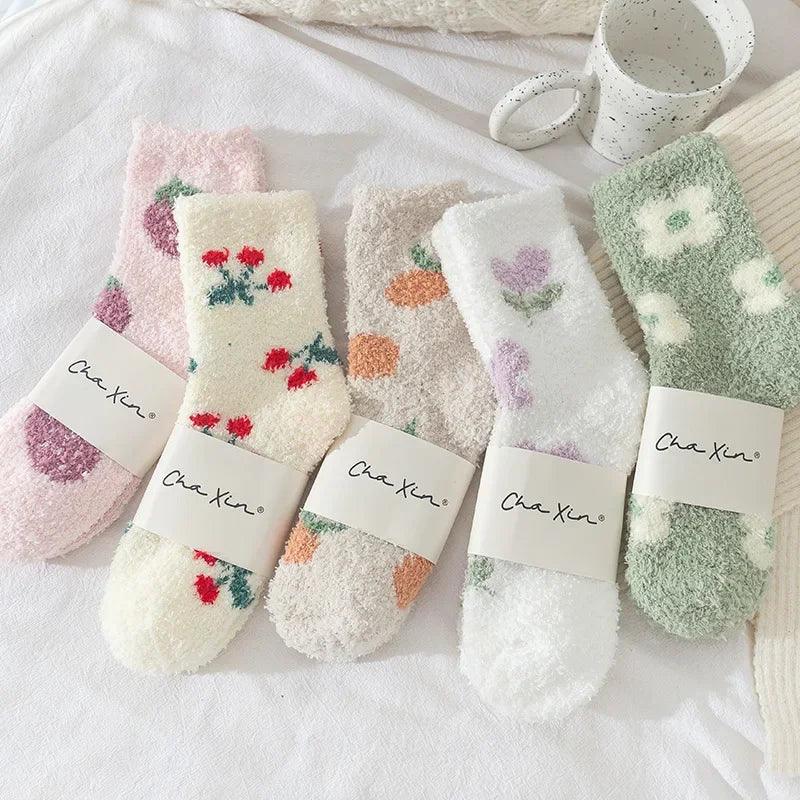 Soft plush sleeping socks with fruit patterns; tags show ChaXin