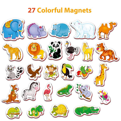 Set of 27 colorful zoo animal fridge magnets with assorted animal shapes