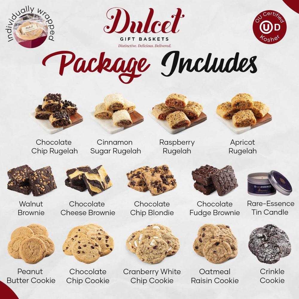 Tin treats package includes assorted cookies, rugelach, brownies, and a candle
