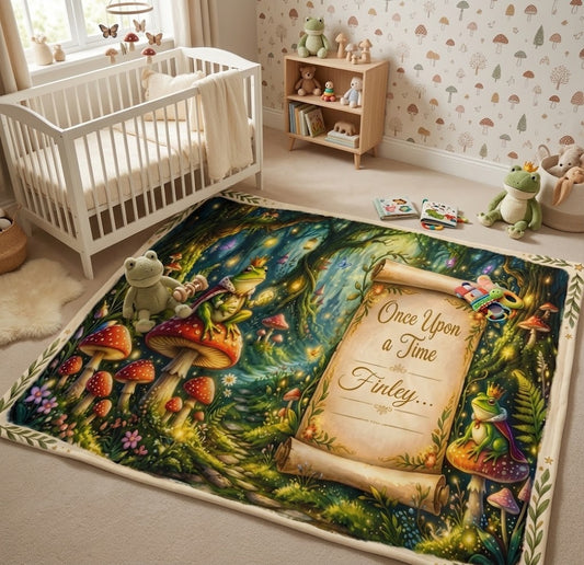 Personalized enchanted forest throw blanket, illustrated woods with 'Once Upon a Time Finley' panel