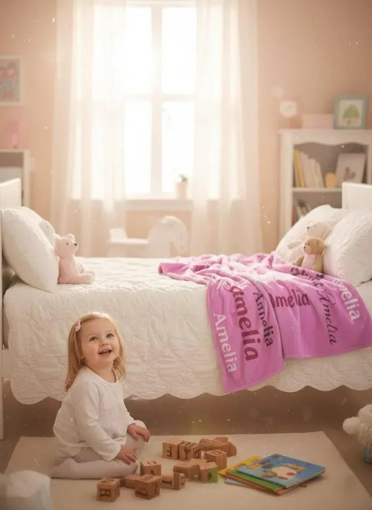 Your Letter and Name - Personalized Name Blanket: Pink & White Flannel Fleece Throw - Dream Dragons