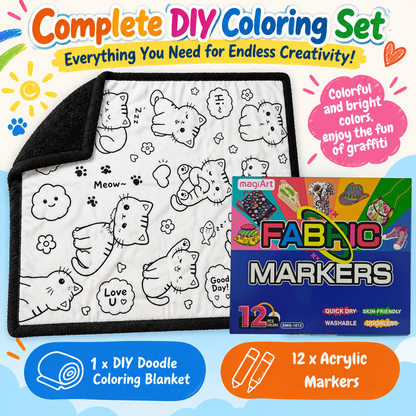 DIY coloring set with pre-drawn animal doodle blanket and fabric markers included