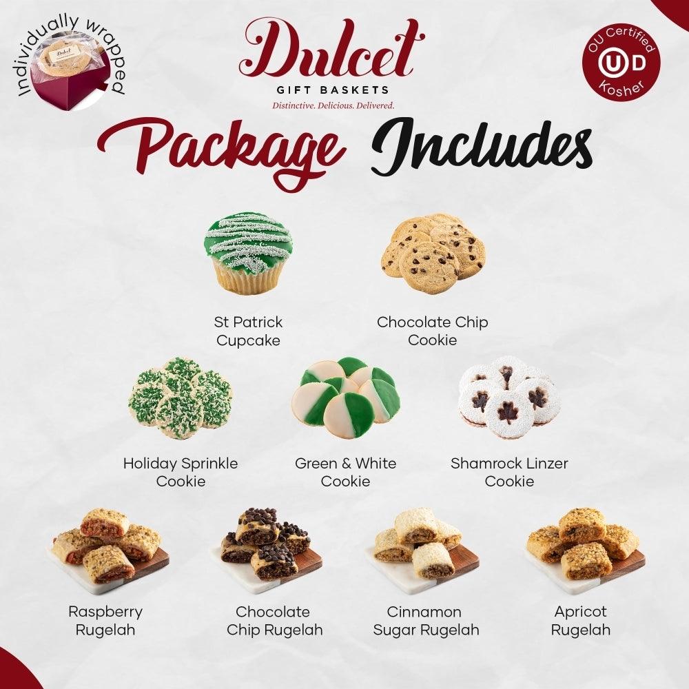 St. Patrick’s cookie sampler variety: cupcake, rugelach, and green-white cookies