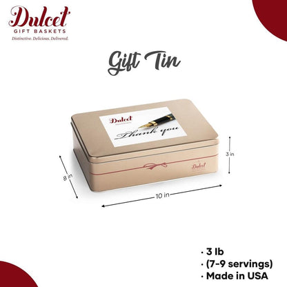 Gift tin: thank-you label on beige metal tin, size 10 in x 8 in