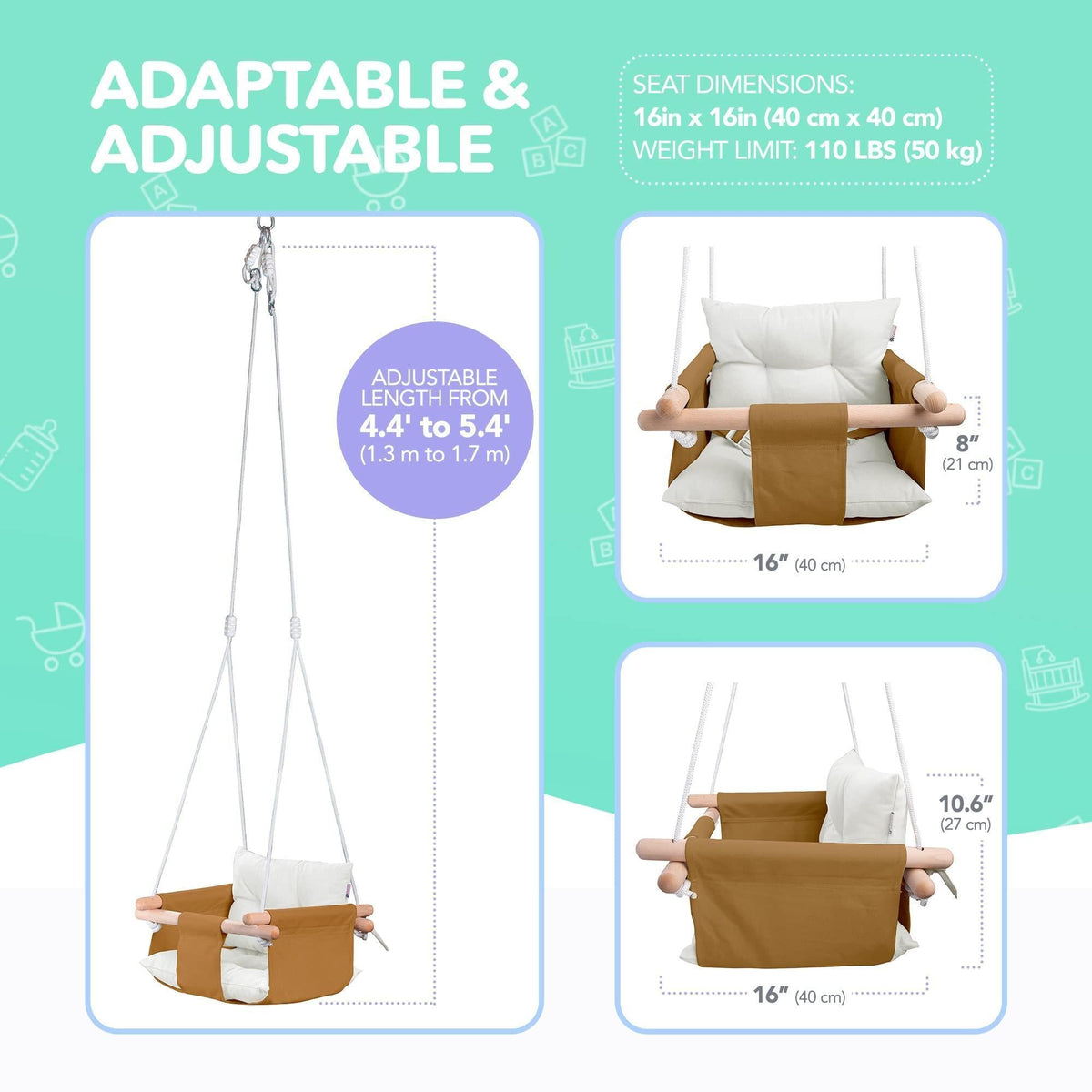 Canvas baby swing chair with hanging ropes, tan seat, and white pillow cushions