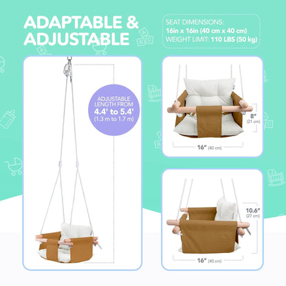 Canvas baby swing chair with hanging ropes, tan seat, and white pillow cushions