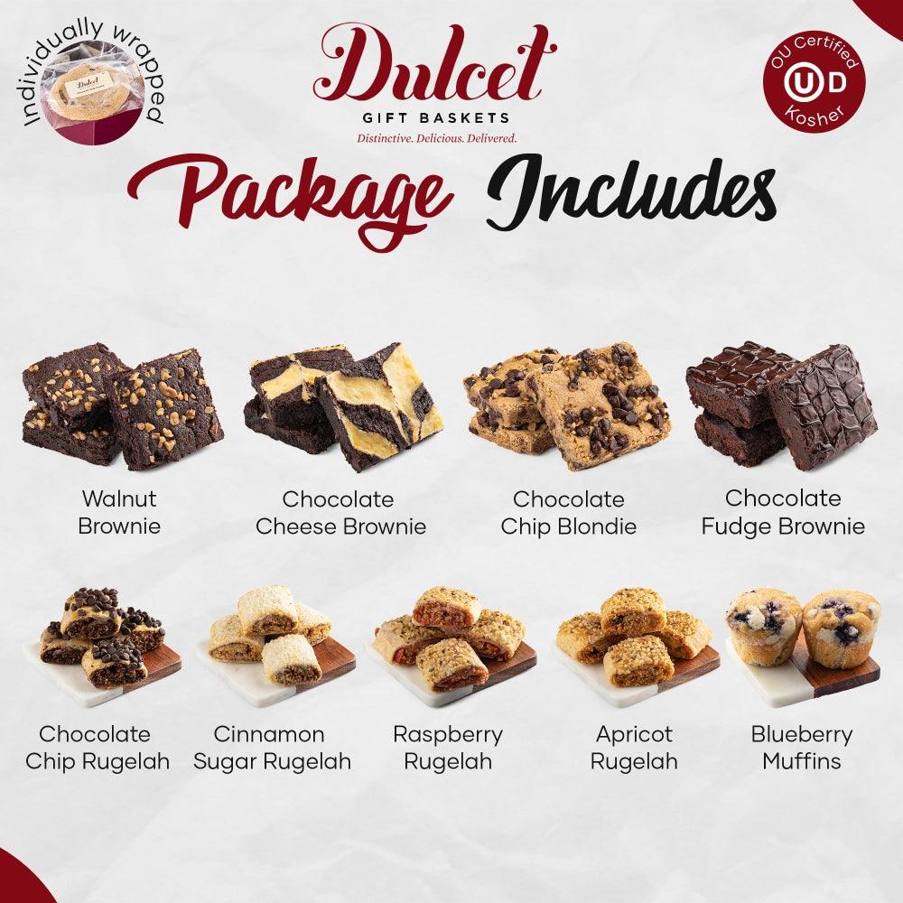 Dulcet gift basket package includes assorted brownies, rugalah, and muffins