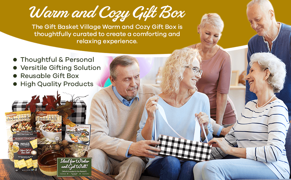 Warm and Cozy Gift Box gift set with soup bowls, soup mix packets, and crackers on table