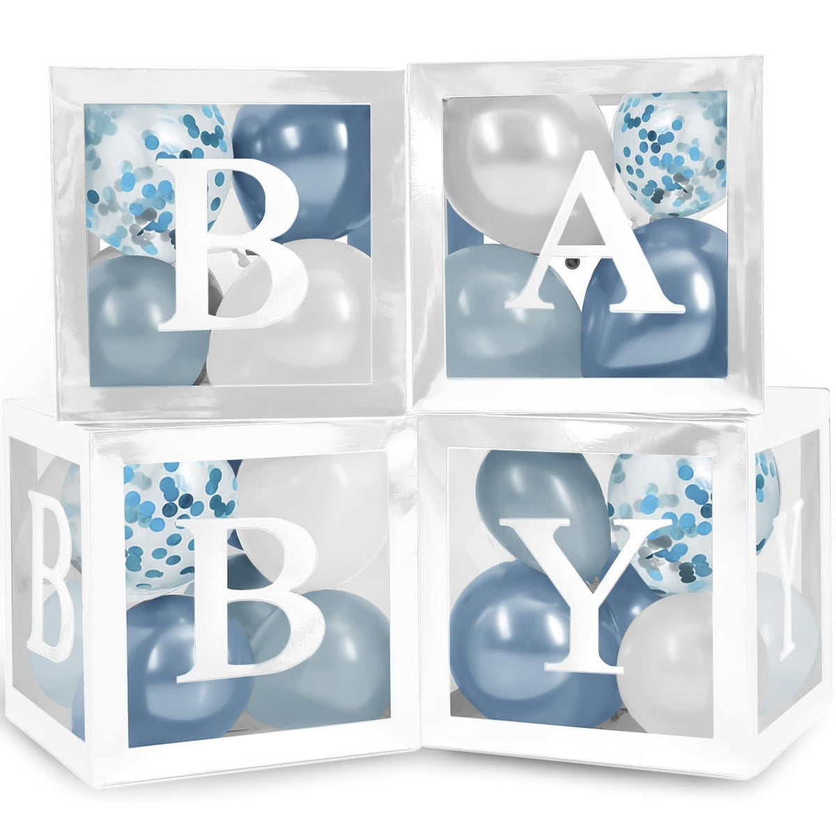 Set of four white baby letter boxes with blue balloons and confetti accents