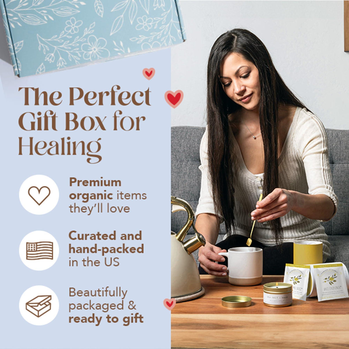 Healing gift box packaging beside woman pouring tea and holding wellness items