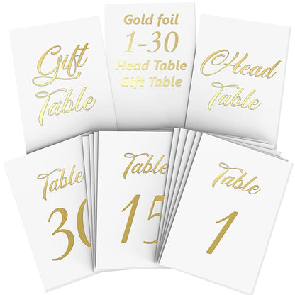 Foil table number cards set with gold “Head Table” and “Gift Table” designs (1–30)